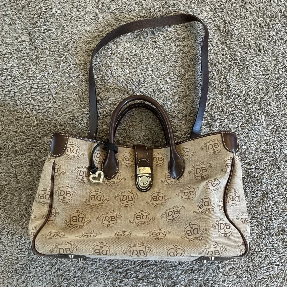 DOONEY & BOURKE Signature Beige Canvas Leather LRG Double Handle Tote Buckle